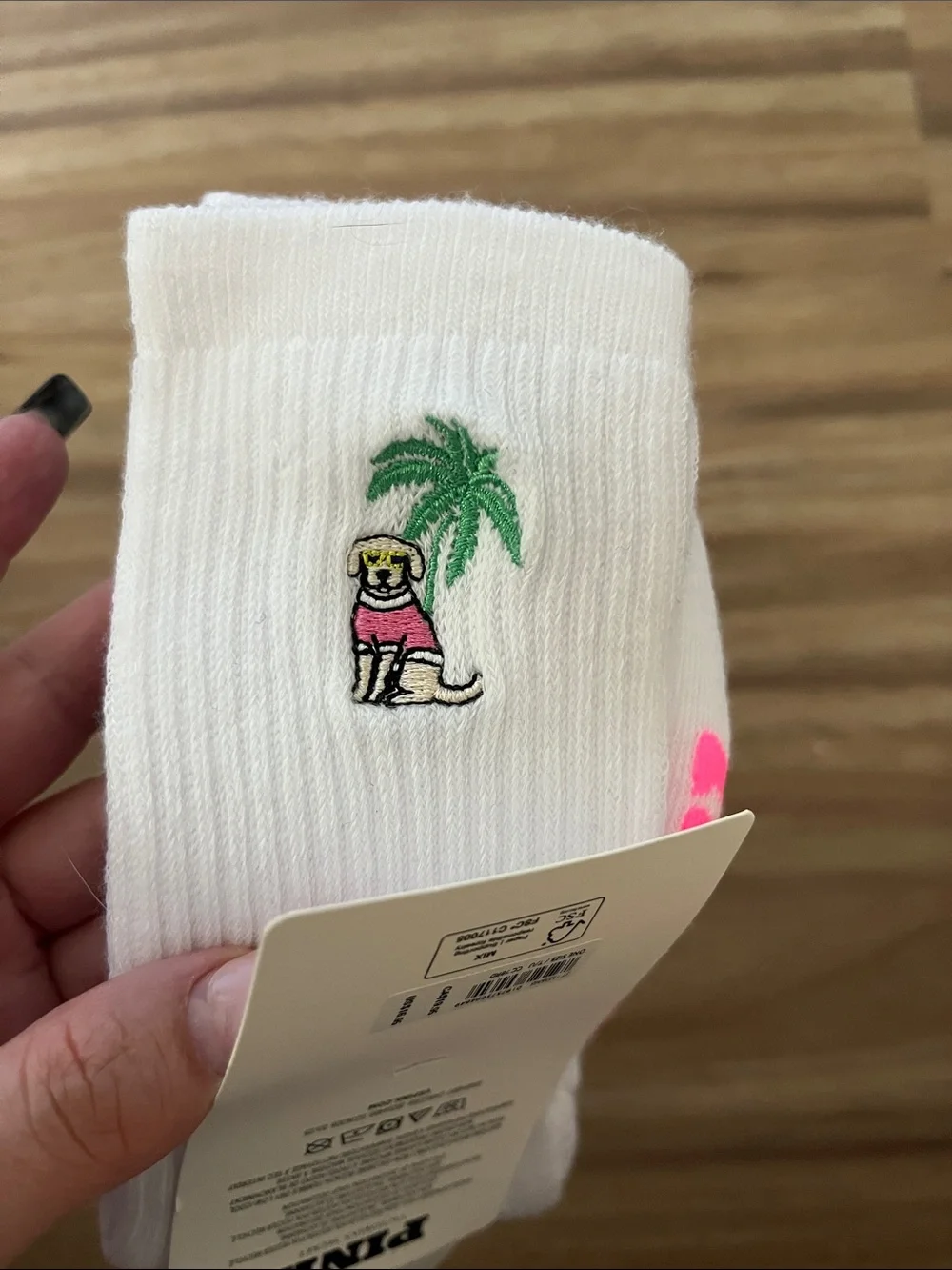 PINK Victoria's Secret Gray & White Crew Sock 2-Pack with Embroidered Dog